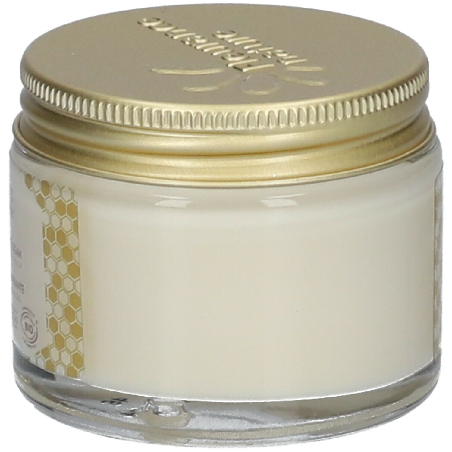 Creme-Glas mit goldenem Deckel. Aufschrift nicht lesbar. Creme-Inhalt sichtbar.