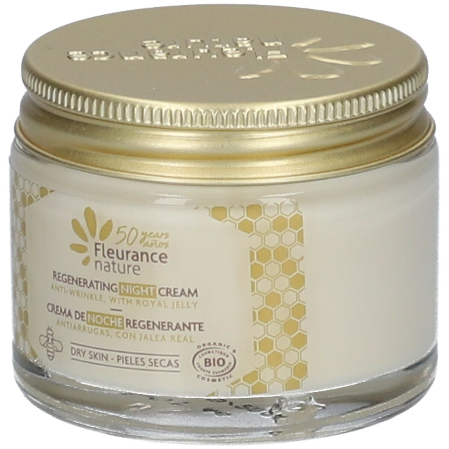 Creme-Glas mit goldenem Deckel. Aufschrift: Regenerierende Nachtcreme, Anti-Falten, mit Gelée Royale. Bio-Siegel.
