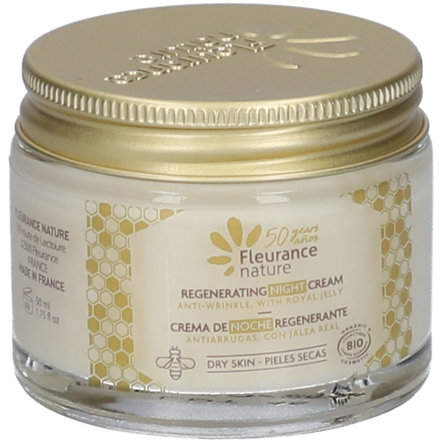 Creme-Glas mit goldenem Deckel. Aufschrift: Regenerierende Nachtcreme, Anti-Falten, mit Gelée Royale. Bio-Siegel. 50 ml.