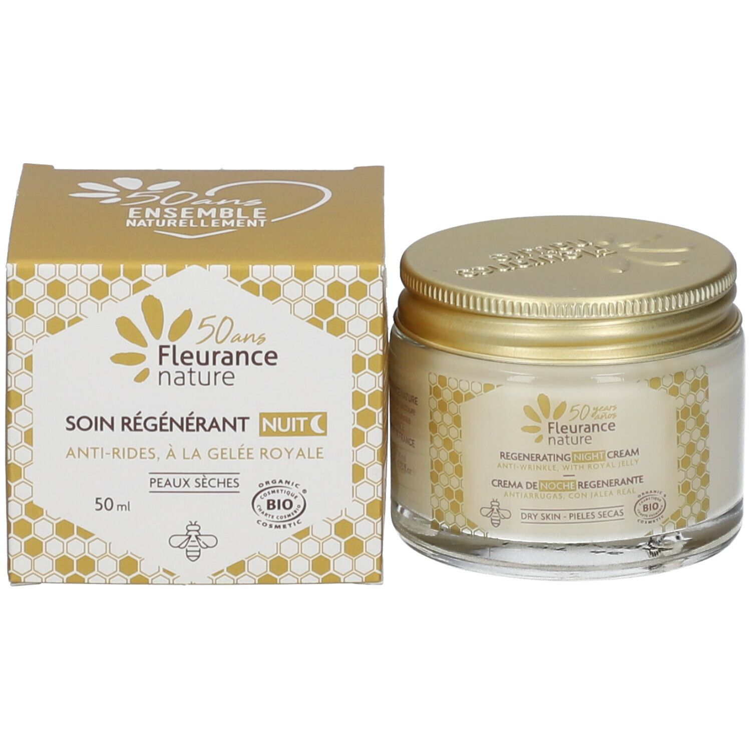 Creme-Glas und Schachtel. Aufschrift: Regenerierende Nachtpflege, Anti-Falten, mit Gelée Royale. 50 ml. Bio-Siegel.