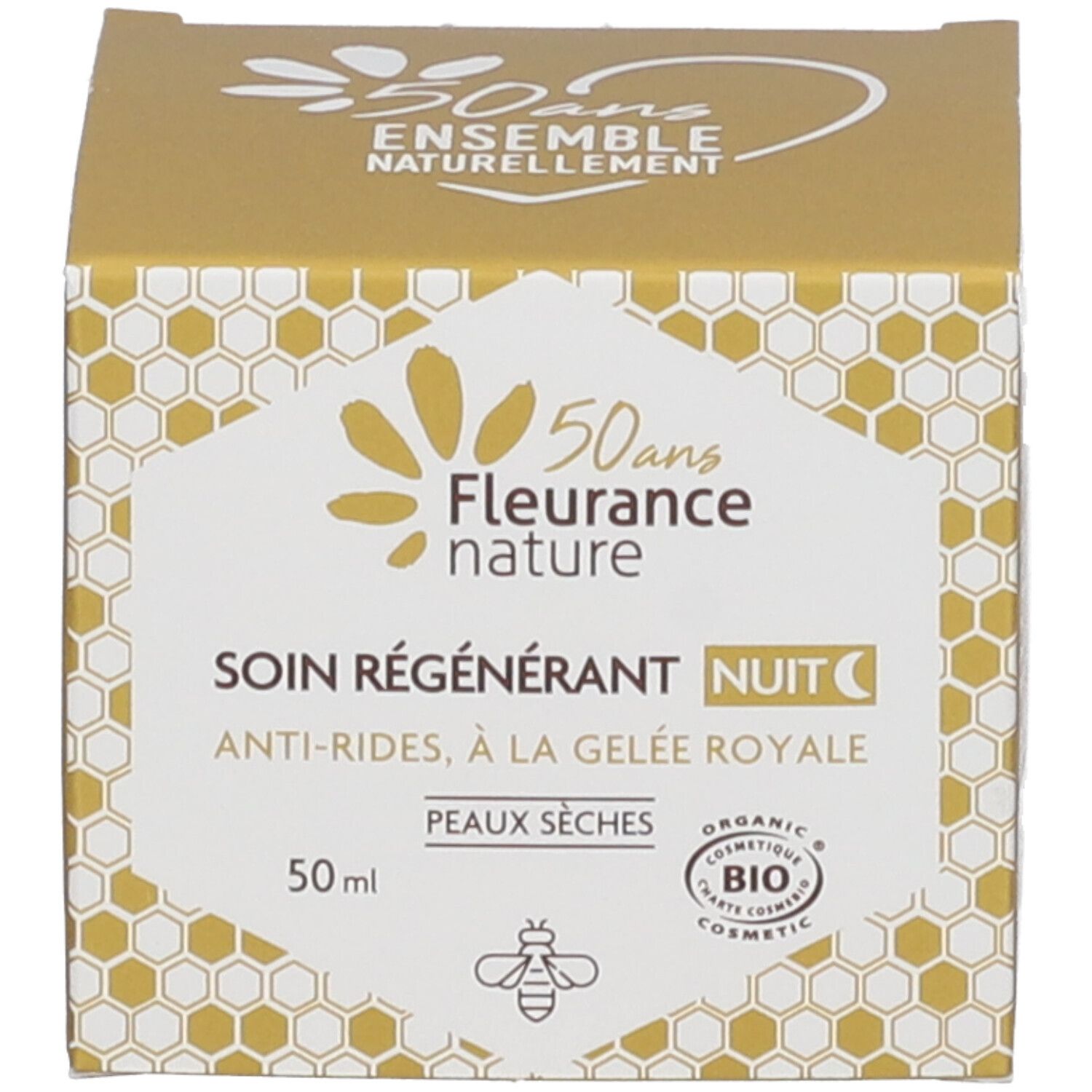 Schachtel mit Aufschrift: Regenerierende Nachtpflege, Anti-Falten, mit Gelée Royale. 50 ml. Bio-Siegel.