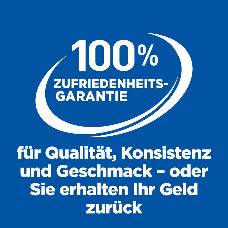 Logo blanc avec texte : Garantie de satisfaction à 100 %. Pour la qualité, la consistance et le goût ou remboursé.