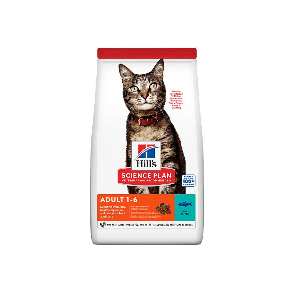 Sacs de 1,5 kg de nourriture pour chats Hill's Science Plan Adult au thon, avec une image de chat.