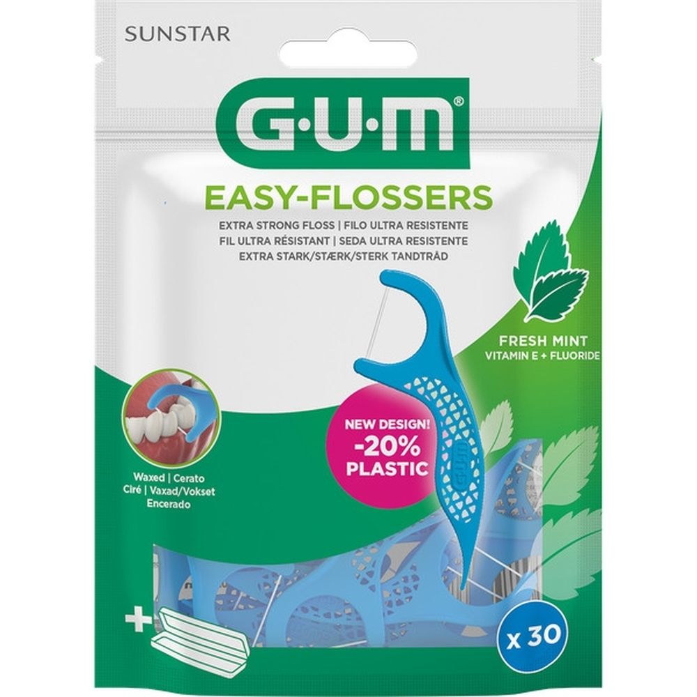 Paquet de GUM® Easy-Flossers. 30 pièces. Fresh Mint. Flossers bleus dans un sachet.