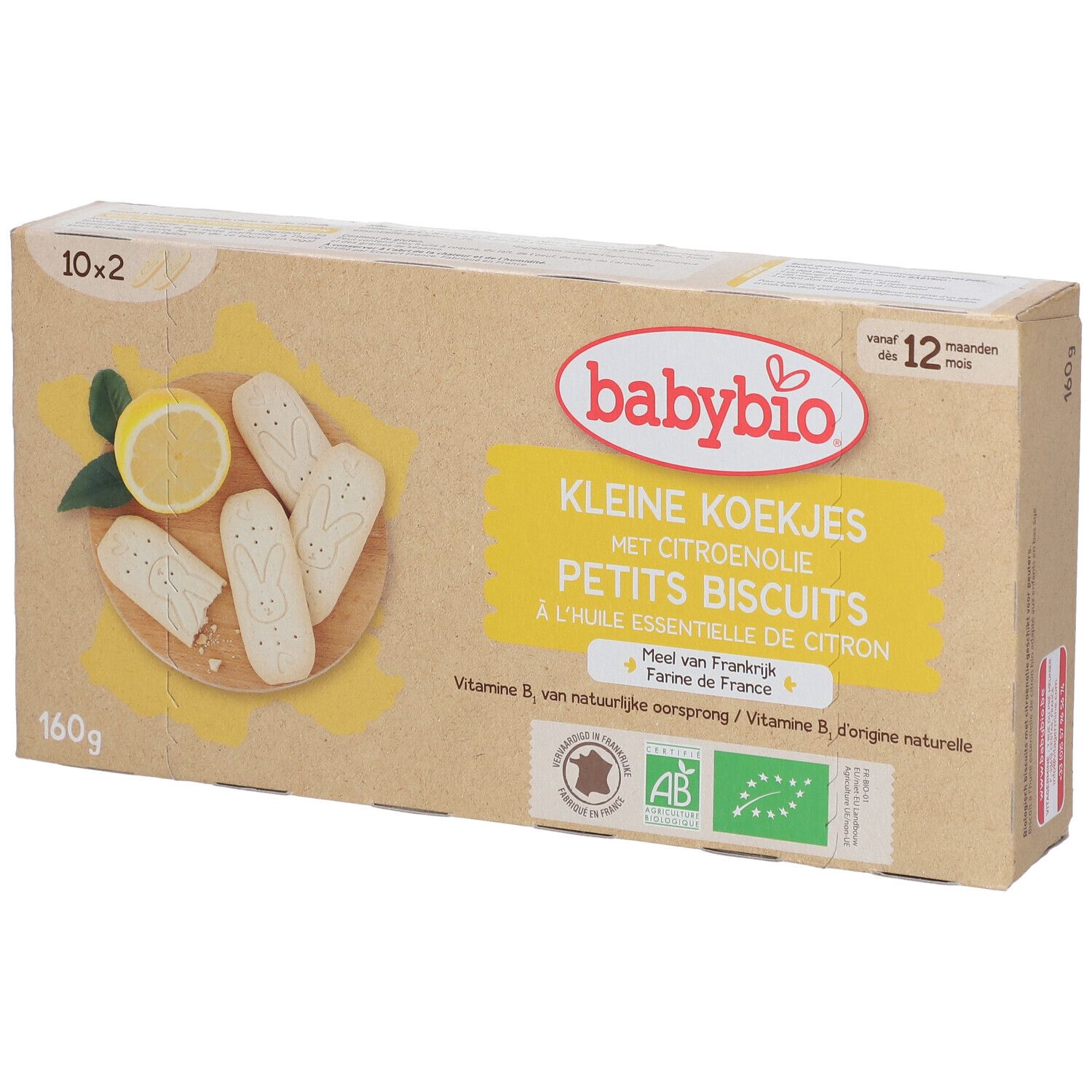 Kartonverpackung mit babybio® PETITS BISCUITS. Aufdruck: "KLEINE KOEKJES", "PETITS BISCUITS", Zitrone, Kekse.