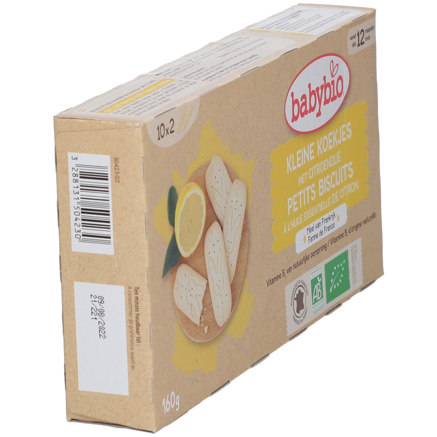 Kartonverpackung babybio® PETITS BISCUITS. Aufdruck: "KLEINE KOEKJES", "PETITS BISCUITS", Zitrone, Kekse. Barcode und Mindesthaltbarkeitsdatum.