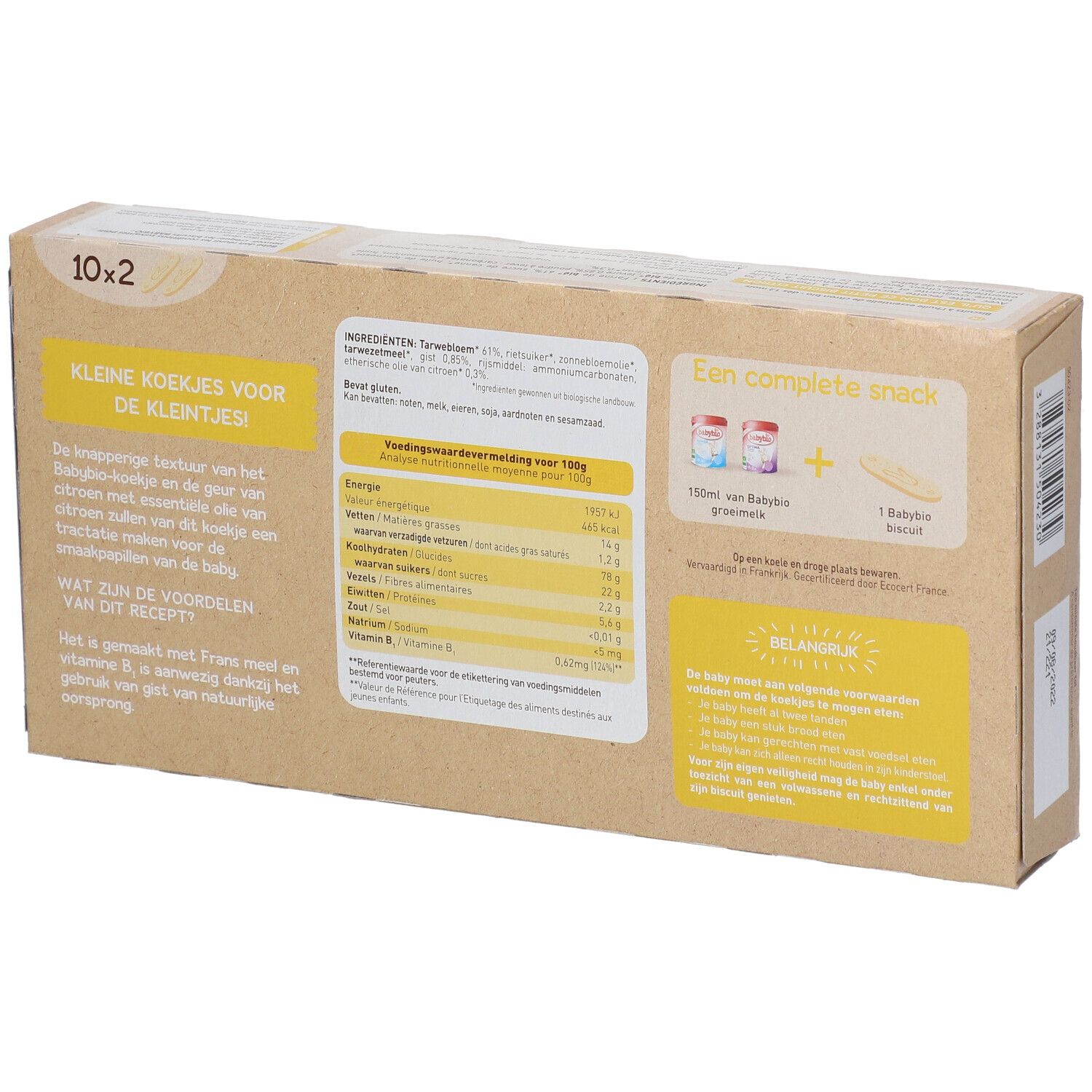 Rückseite der babybio® PETITS BISCUITS Verpackung. Text: Nährwertangaben, "KLEINE KOEKJES VOOR DE KLEINTJES".