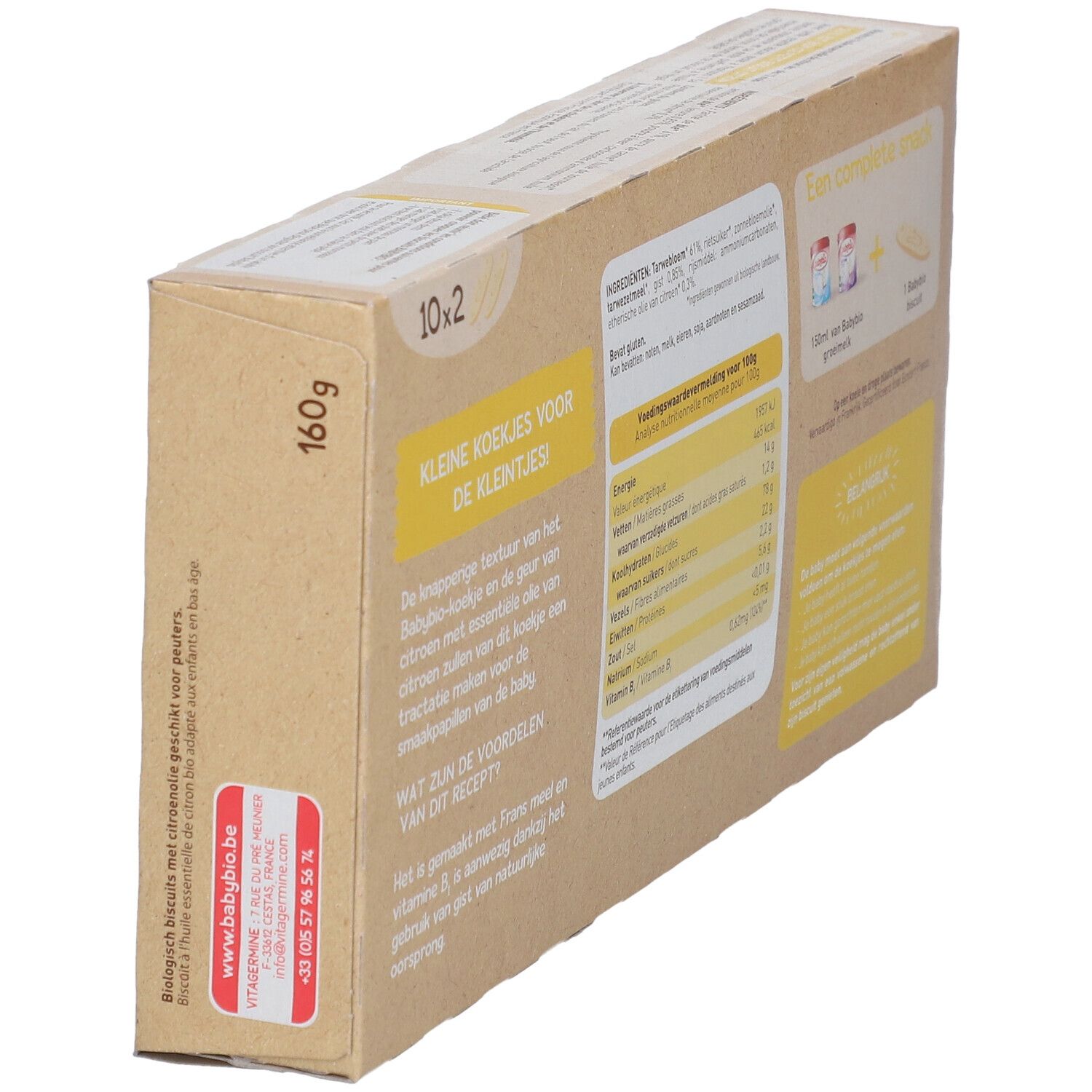 Rückseite der babybio® PETITS BISCUITS Verpackung. Text: Nährwertangaben, "KLEINE KOEKJES VOOR DE KLEINTJES".
