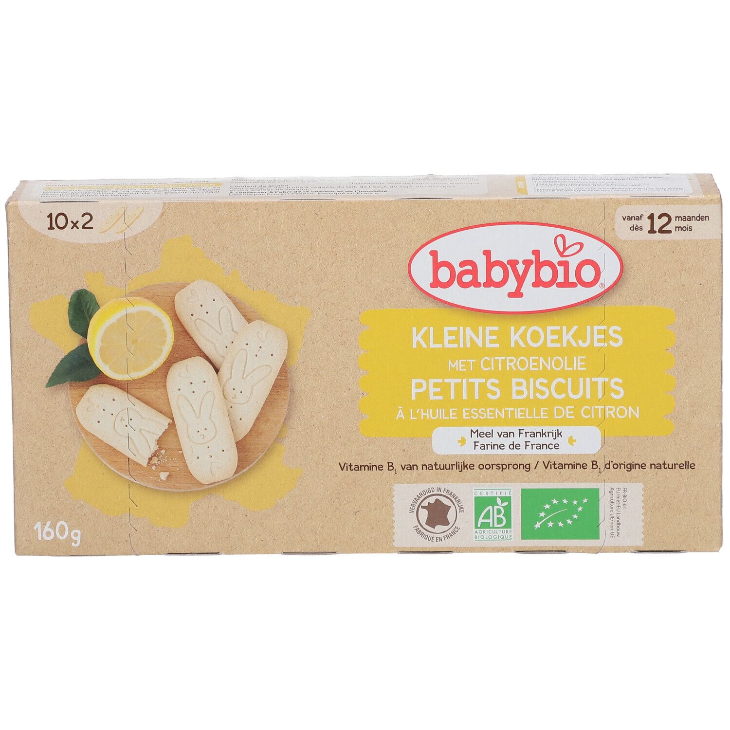 Kartonverpackung mit babybio® PETITS BISCUITS. Aufdruck: "KLEINE KOEKJES", "PETITS BISCUITS", Zitrone, Kekse.