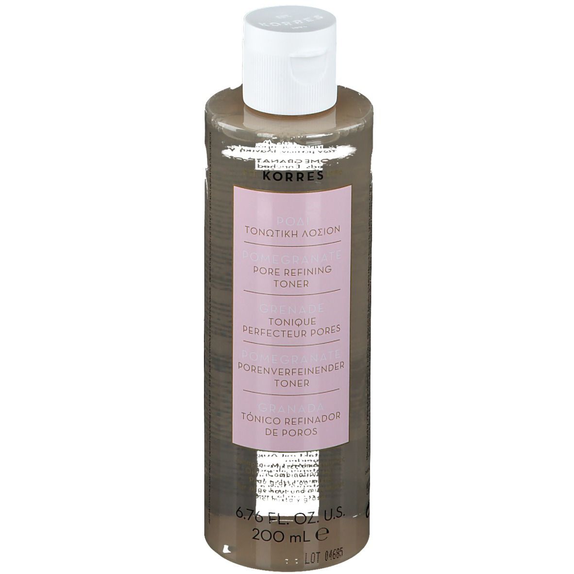 Klarflüssiges Produkt in einer zylindrischen Flasche mit weißem Deckel. Rosa Etikett mit Text: Porenverfeinernder Toner, Marke KORRES.