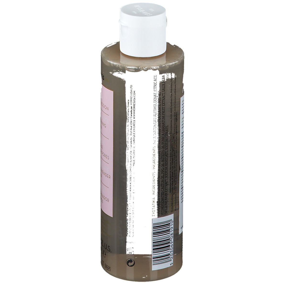 Rückseite einer zylindrischen Flasche mit weißem Deckel. Etikett mit Text und Barcode. Enthält Inhaltsstoffe und Warnhinweise.