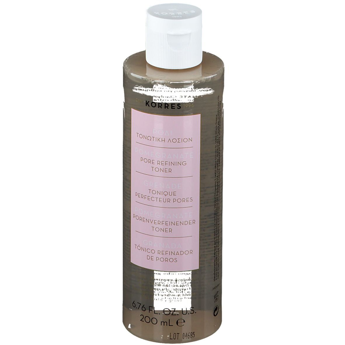 Klarflüssiges Produkt in einer zylindrischen Flasche mit weißem Deckel. Rosa Etikett mit Text: Porenverfeinernder Toner, Marke KORRES.