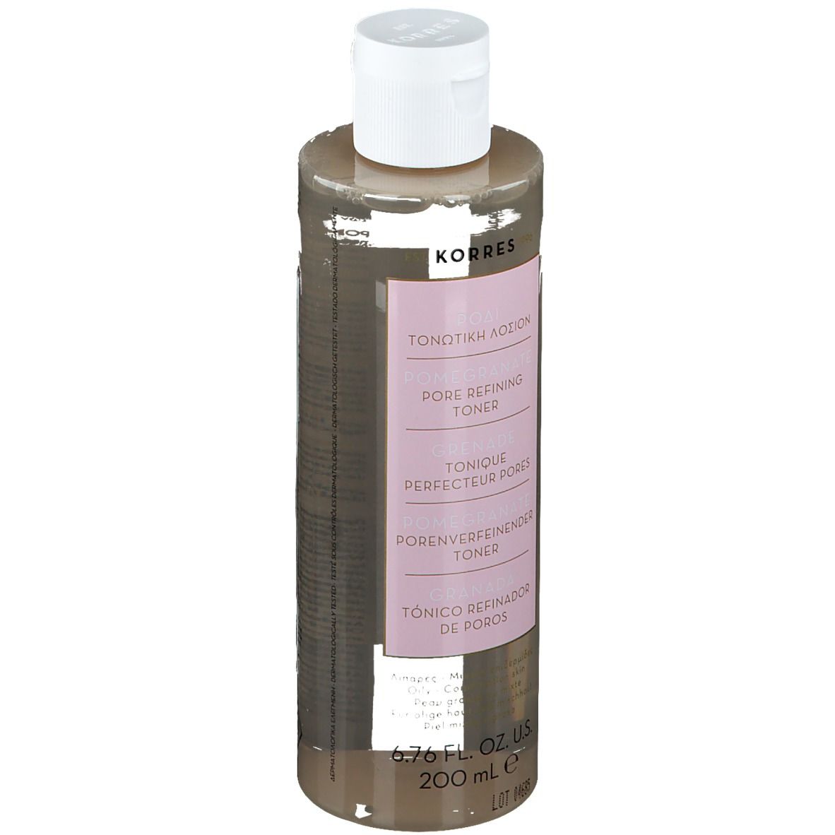 Klarflüssiges Produkt in einer zylindrischen Flasche mit weißem Deckel. Rosa Etikett mit Text: Porenverfeinernder Toner, Marke KORRES.