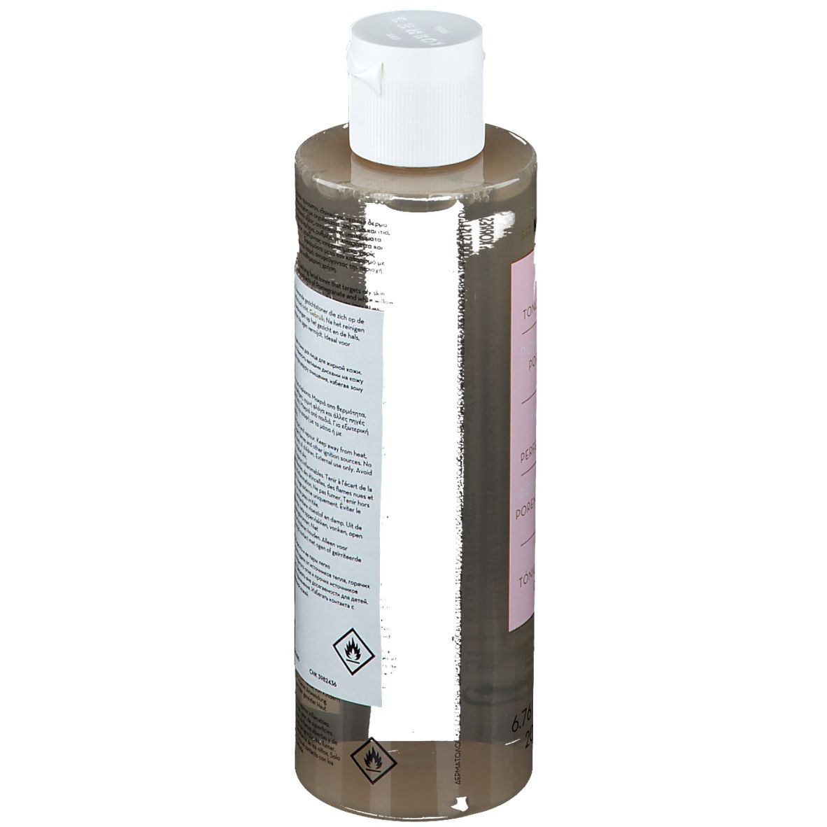 Rückseite einer zylindrischen Flasche mit weißem Deckel. Etikett mit Text und Piktogrammen. Enthält Inhaltsstoffe und Warnhinweise.