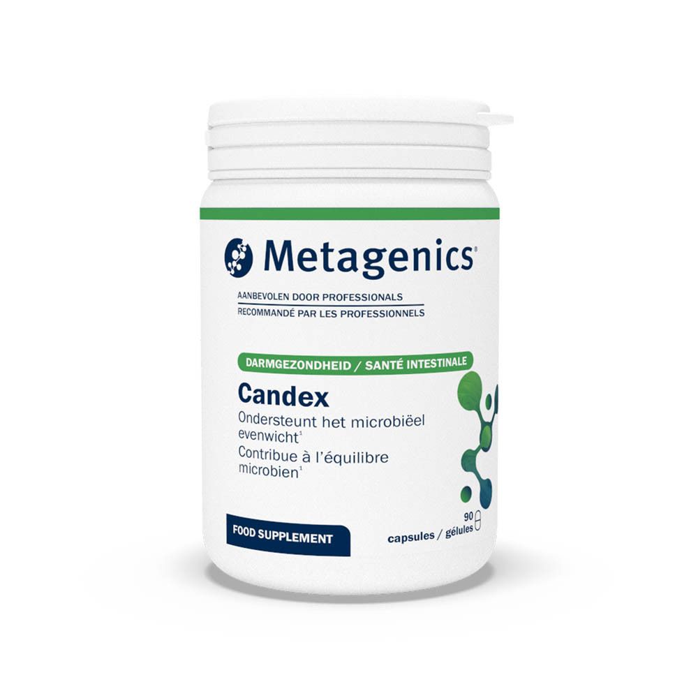 Weiße Dose mit Candex-Aufschrift und Metagenics-Logo. Enthält 90 Kapseln. Text in Italienisch, Niederländisch und Französisch.