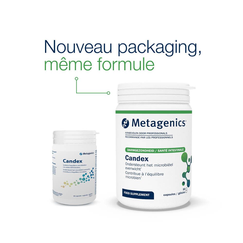 Boîte blanche Candex et logo Metagenics. Contient 90 gélules. Texte en italien, néerlandais et français.