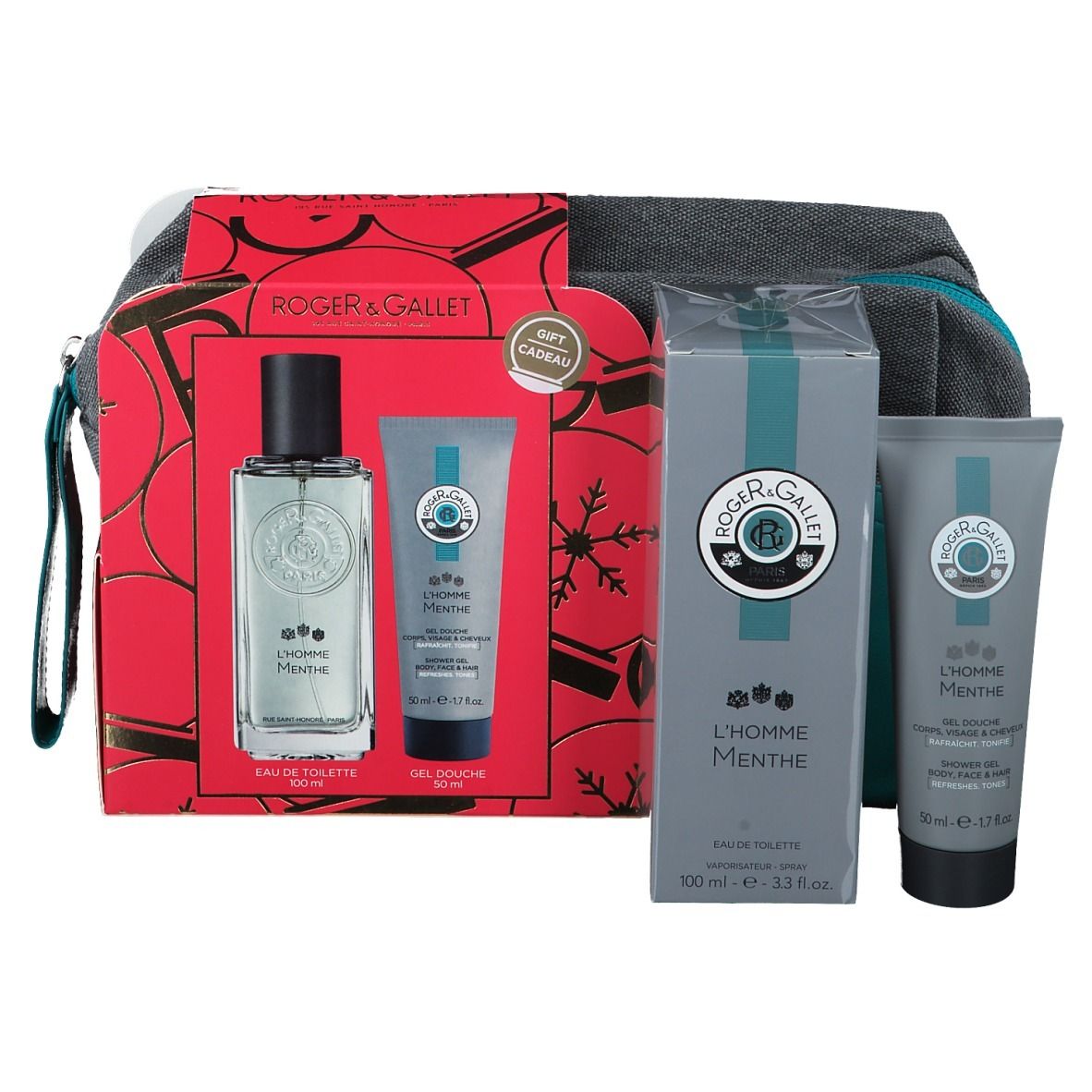 Geschenkset mit Parfüm, Duschgel und Kosmetiktasche. Verpackung in Rot, Grau und Türkis. Logo und Produktnamen sichtbar.