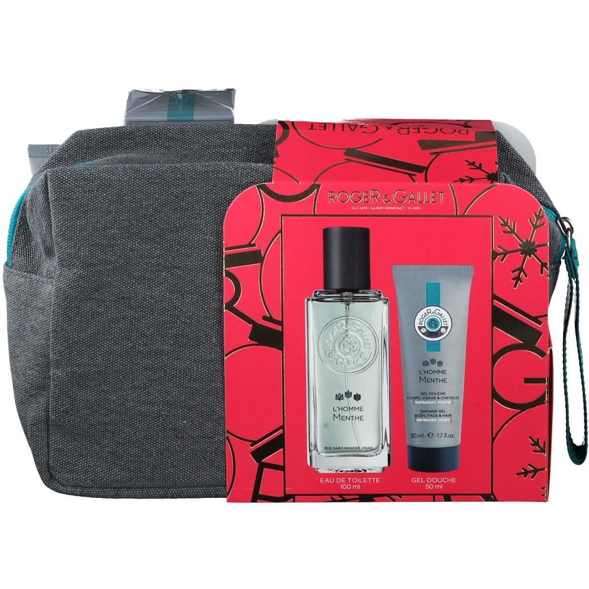Geschenkset mit Kosmetiktasche, Parfüm und Duschgel. Rote Verpackung mit Logo. Türkisfarbene Akzente. Produktnamen sichtbar.