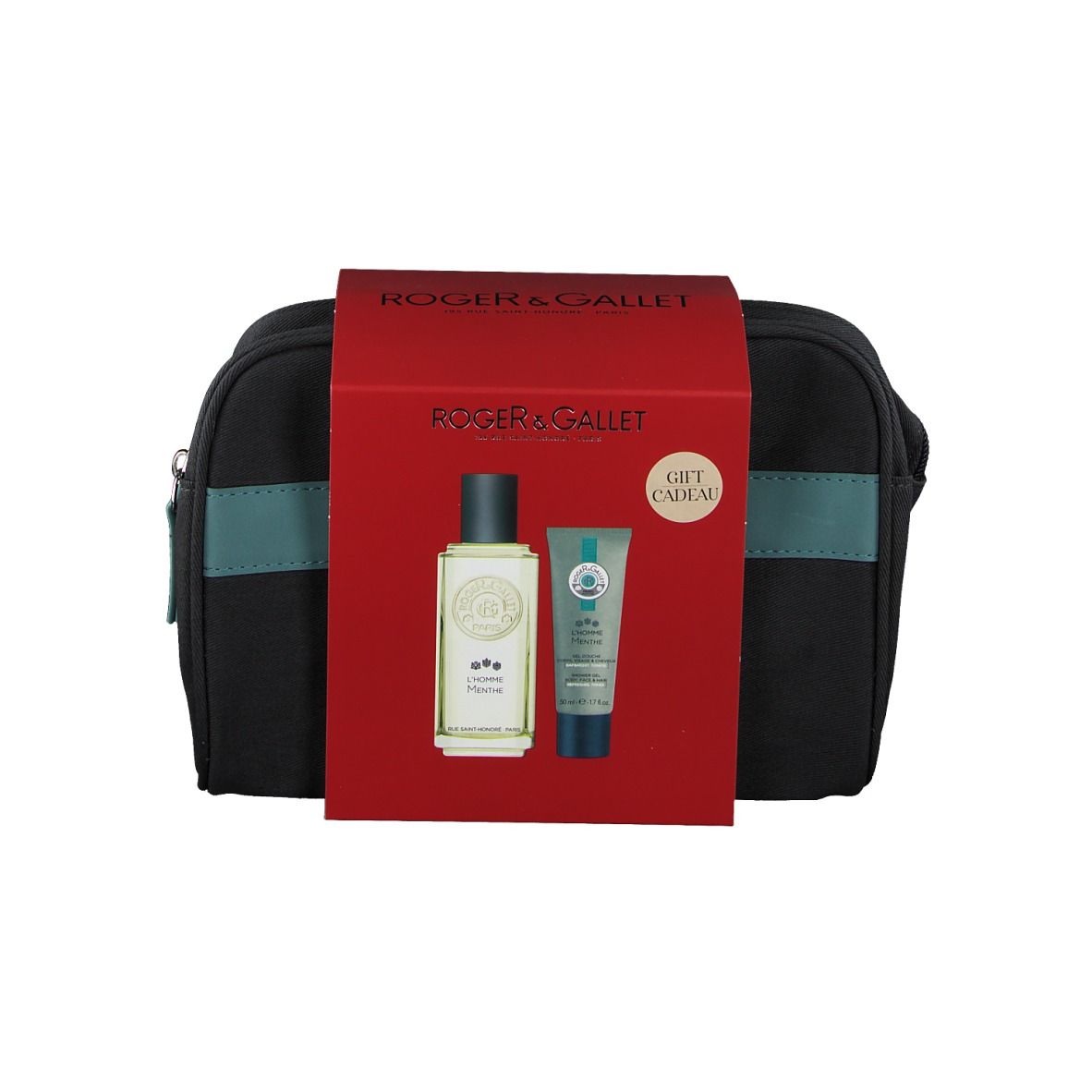 Geschenkset mit Kosmetiktasche, Parfüm und Duschgel. Rote Verpackung mit Logo. Schwarze Tasche. Geschenk-Label.