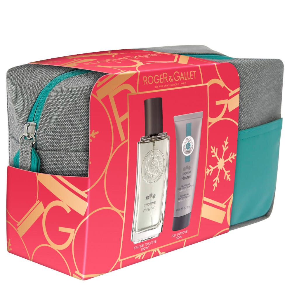 Geschenkset mit Kosmetiktasche, Parfümflakon und Duschgel. Verpackung in Rot und Grau mit Logo. Schneeflocken-Design.