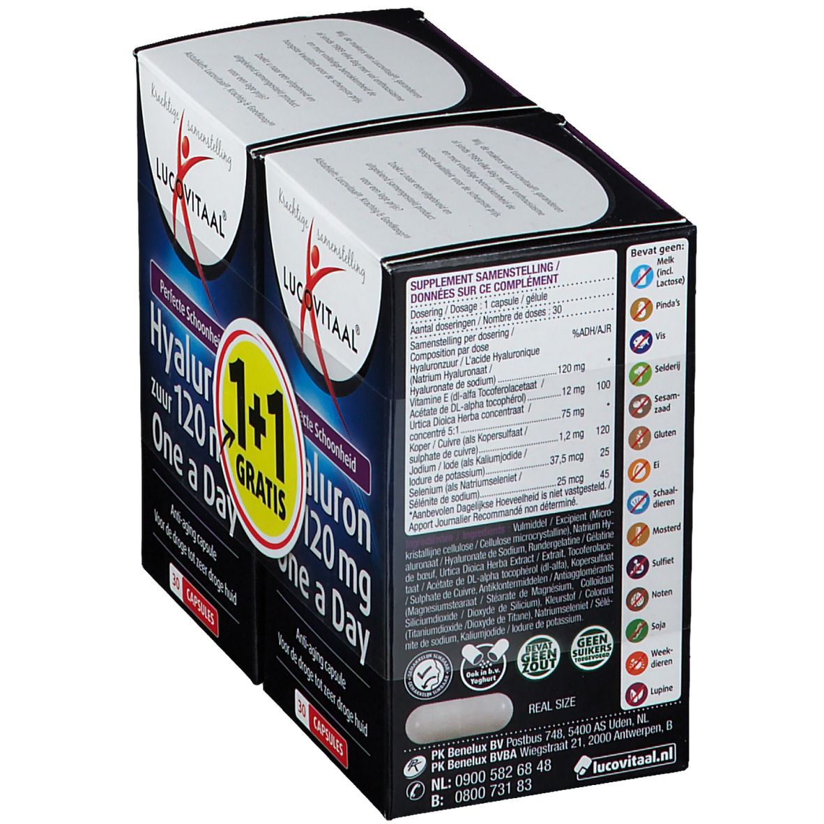 Rückseite der LUCOVITAAL® Hyaluronsäure-Verpackung. Enthält Inhaltsstoffe, Dosierung und Nährwertangaben. Mit Zertifizierungen.
