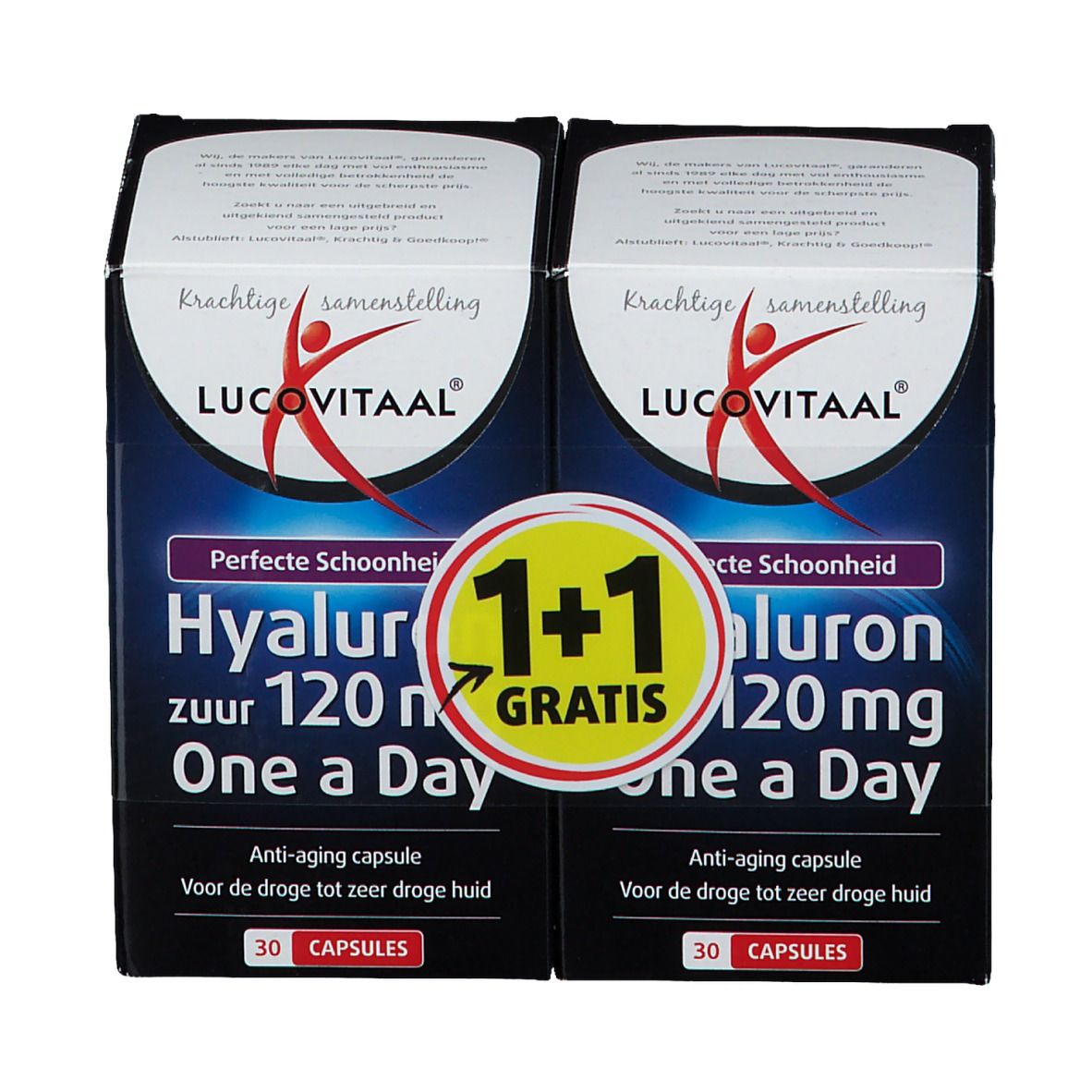 Zwei Packungen LUCOVITAAL® Hyaluronsäure. Schwarze Verpackung mit Produktinformationen und Logo. 1+1 Gratis-Aktion.