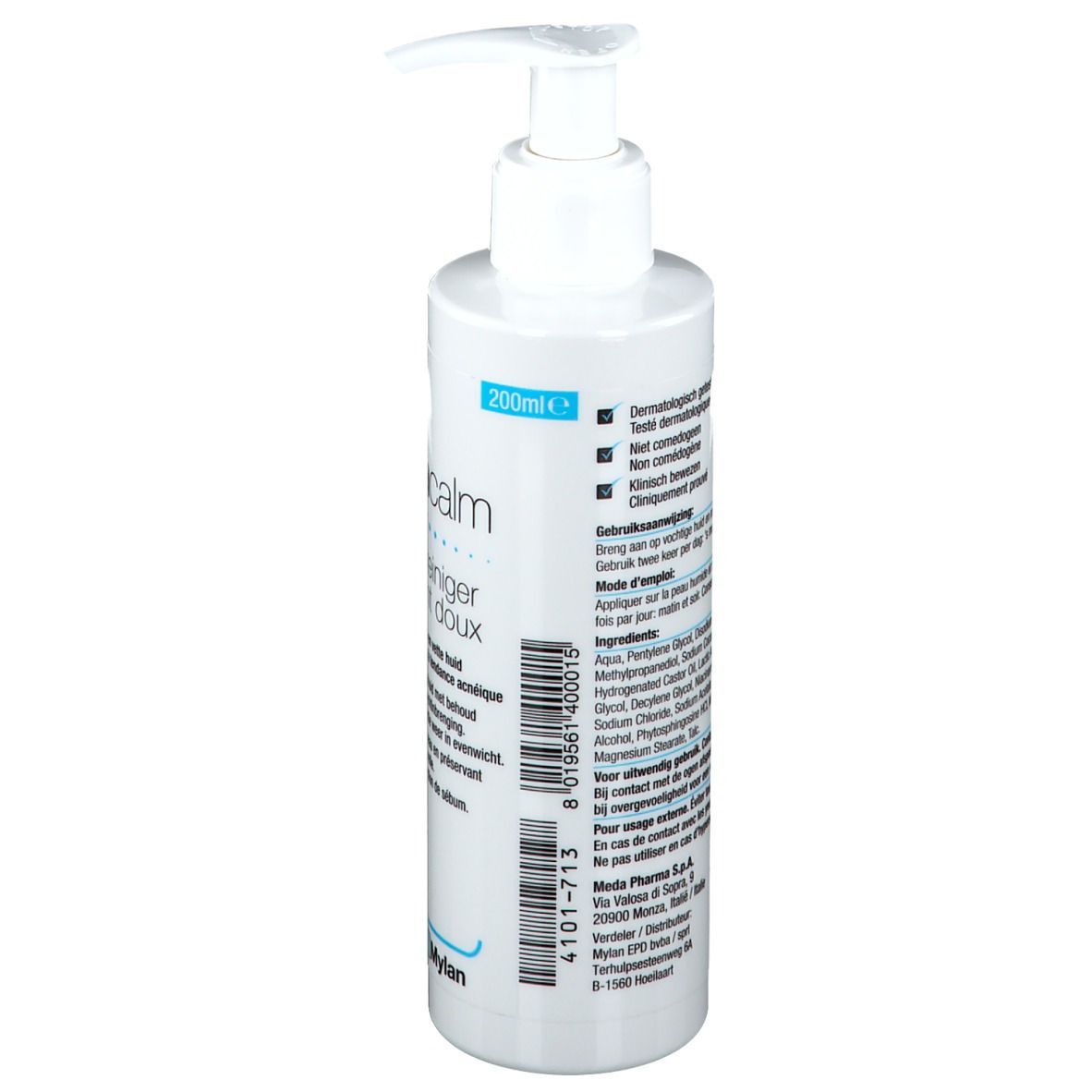 Weiße Flasche mit Pumpverschluss. Aufschrift 'acnacalm' und 'Mylan'. Text und Barcode. Volumenangabe '200ml'.