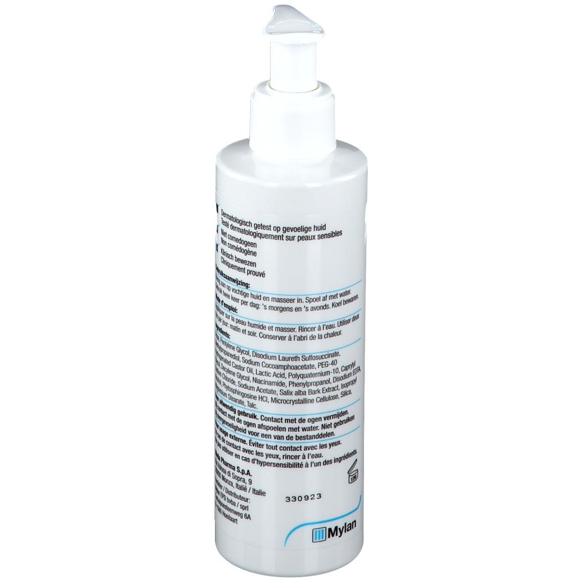 Weiße Flasche mit Pumpverschluss. Text in Deutsch, Französisch und Niederländisch. 'Mylan' Logo. Inhaltsstoffe und Anwendungshinweise.