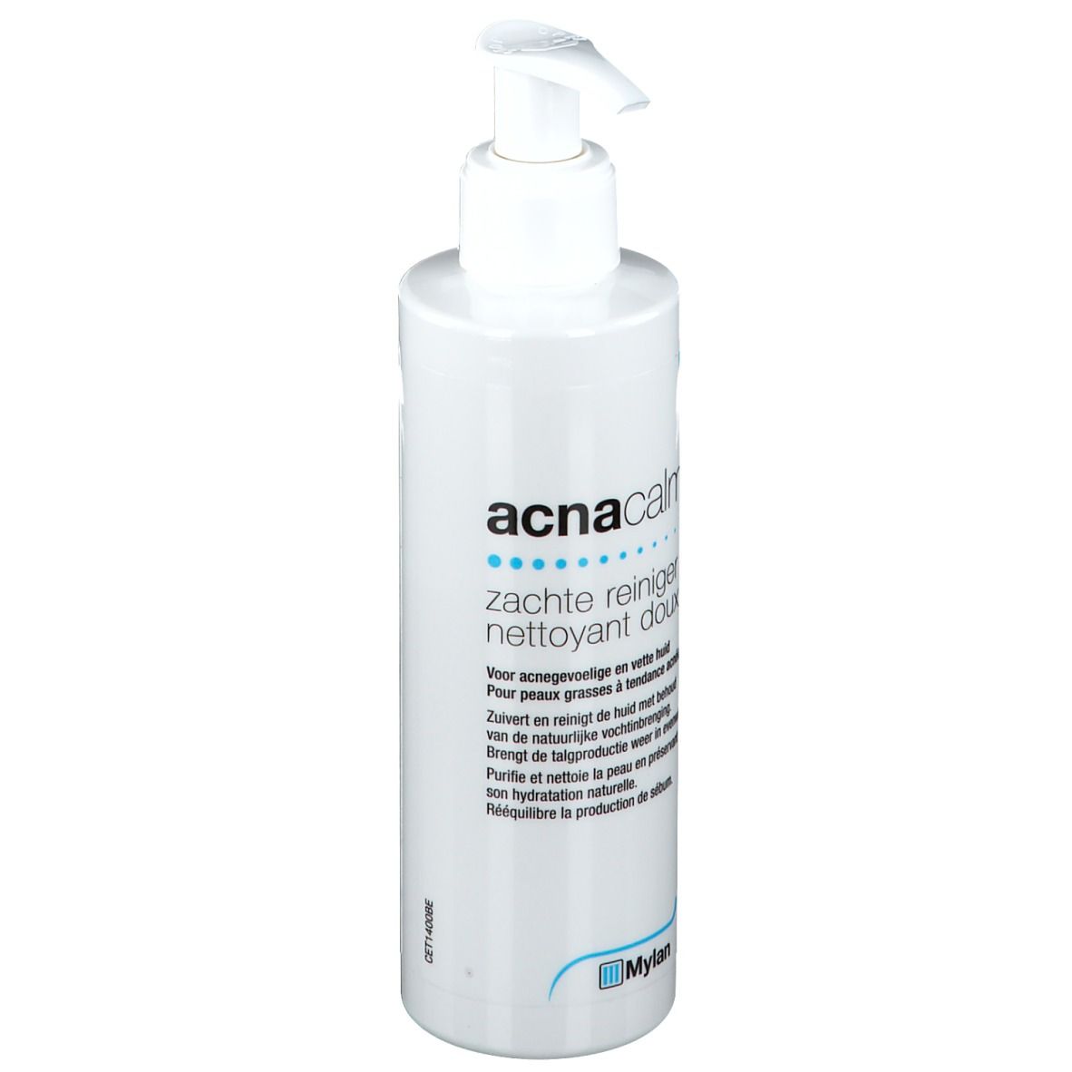 Weiße Flasche mit Pumpverschluss. Aufschrift 'acnacalm' und 'Mylan'. Text in Deutsch, Französisch und Niederländisch.