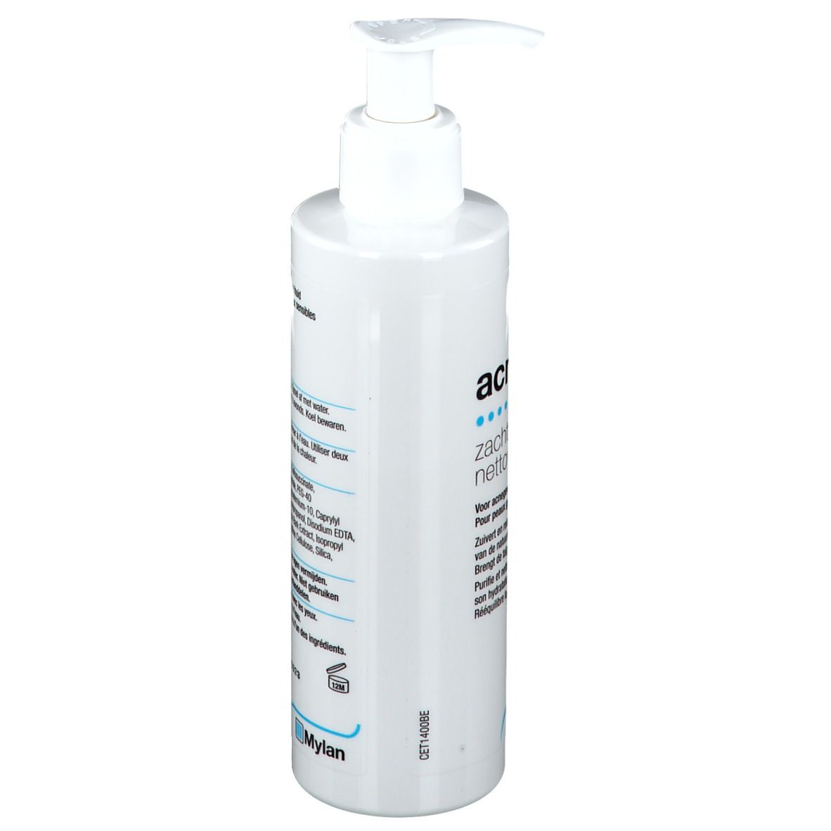 Weiße Flasche mit Pumpverschluss. Aufschrift 'acnacalm' und 'Mylan'. Text in Deutsch, Französisch und Niederländisch.  