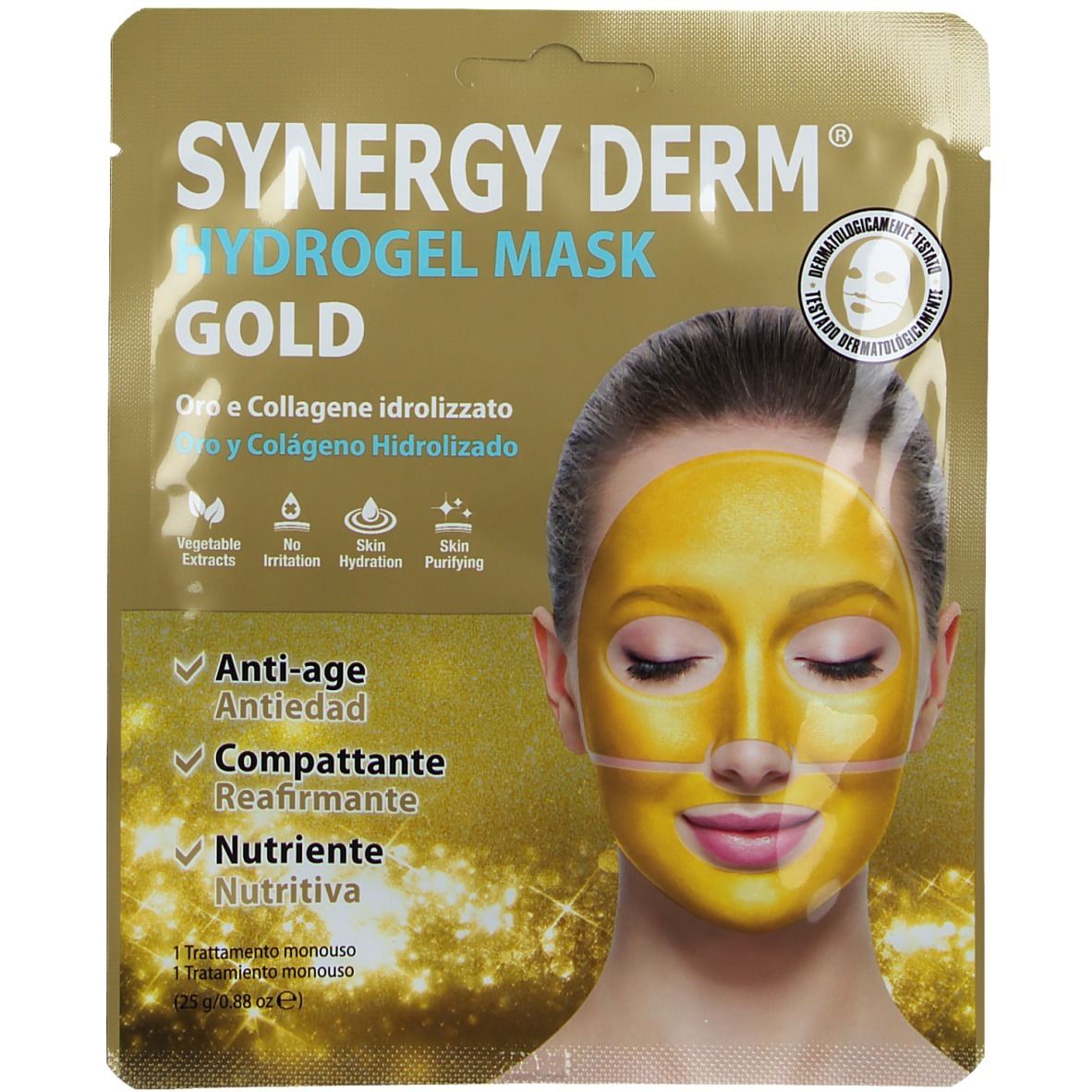 Gesichtsmaske Synergy Derm Hydrogel Gold. Goldfarbene Maske auf Gesicht, Augen geschlossen. Verpackung mit Produktnamen und Logos.