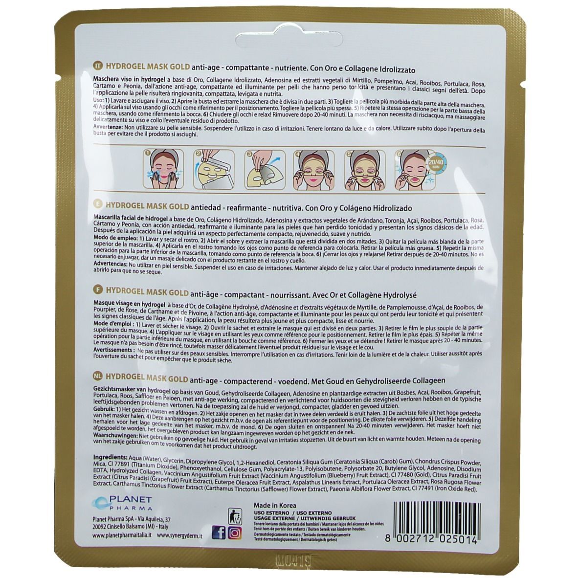 Rückseite der Synergy Derm Hydrogel Gold Maskenverpackung. Text in mehreren Sprachen. Illustrationen zur Anwendung.