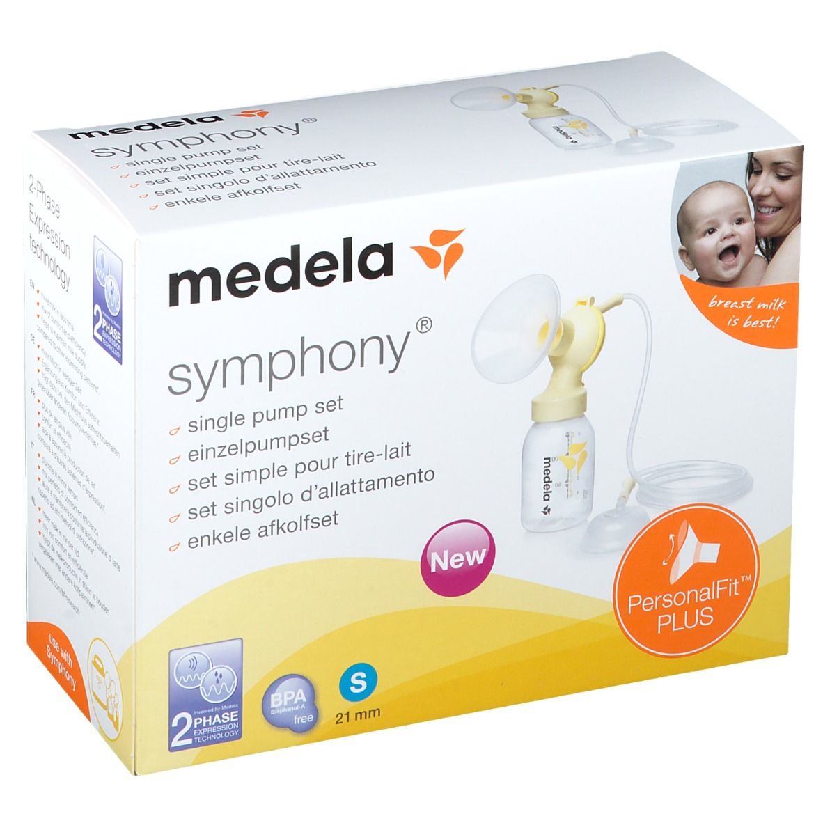 Verpackung des Medela Symphony Einzelpump-Sets. Enthält eine Milchpumpe, gelb, mit Zubehör. Größe S, 21 mm.