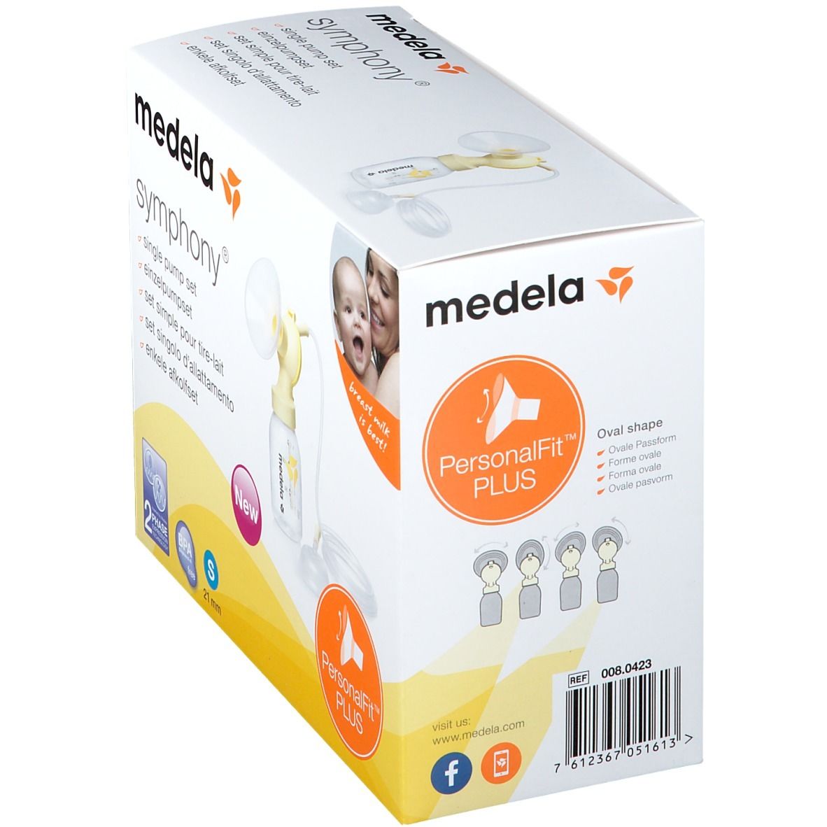 Verpackung des Medela Symphony Einzelpump-Sets. Zeigt das Produkt und die Marke PersonalFit PLUS. Enthält eine Milchpumpe.