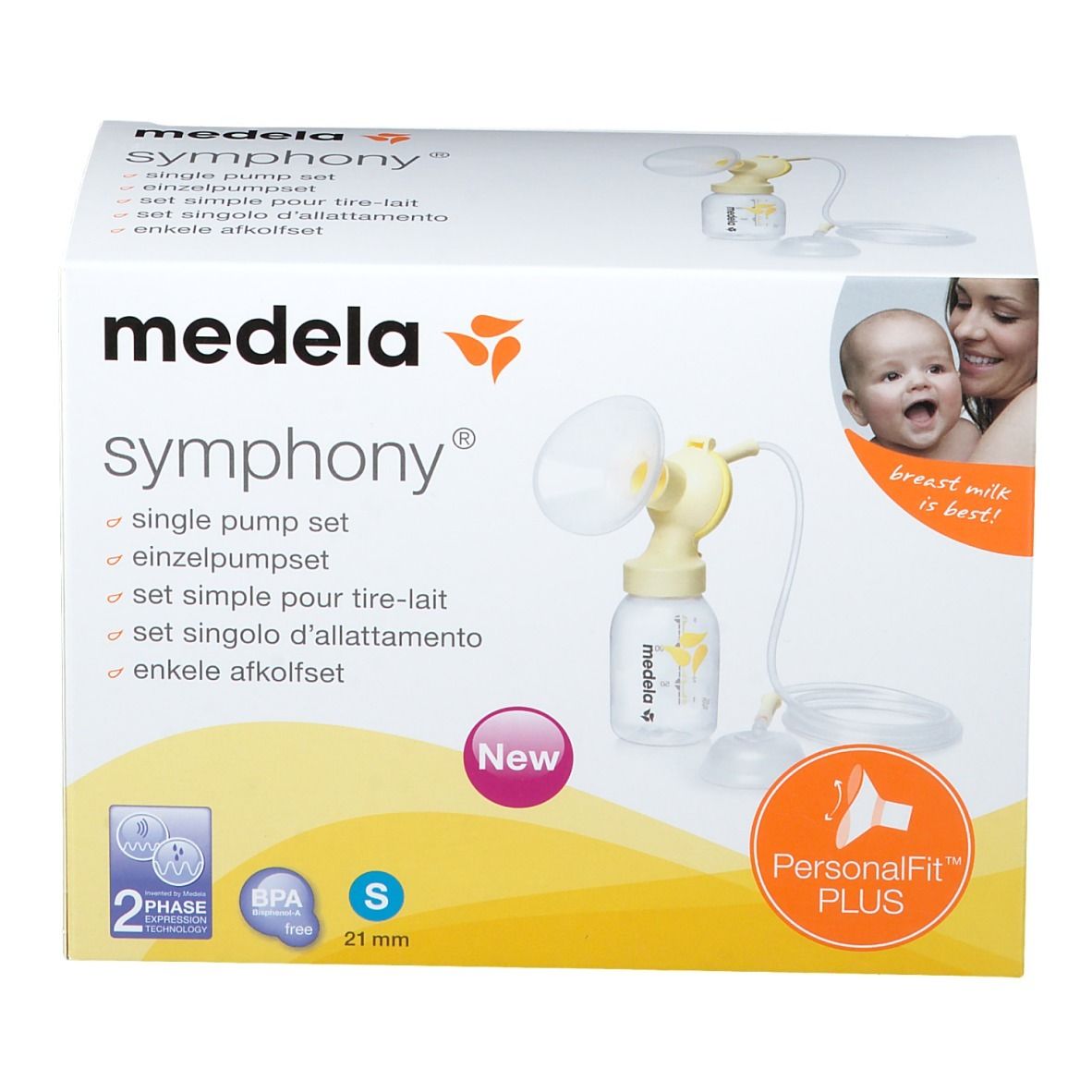 Verpackung des Medela Symphony Einzelpump-Sets. Enthält eine gelbe Milchpumpe und Zubehör. Größe S, 21 mm.