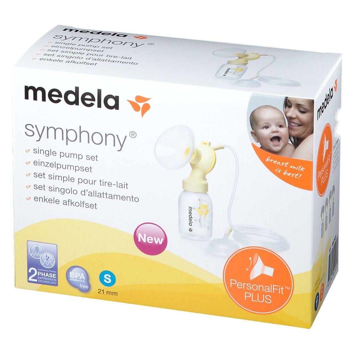 Verpackung des Medela Symphony Einzelpump-Sets. Enthält eine gelbe Milchpumpe und Zubehör. Größe S, 21 mm.