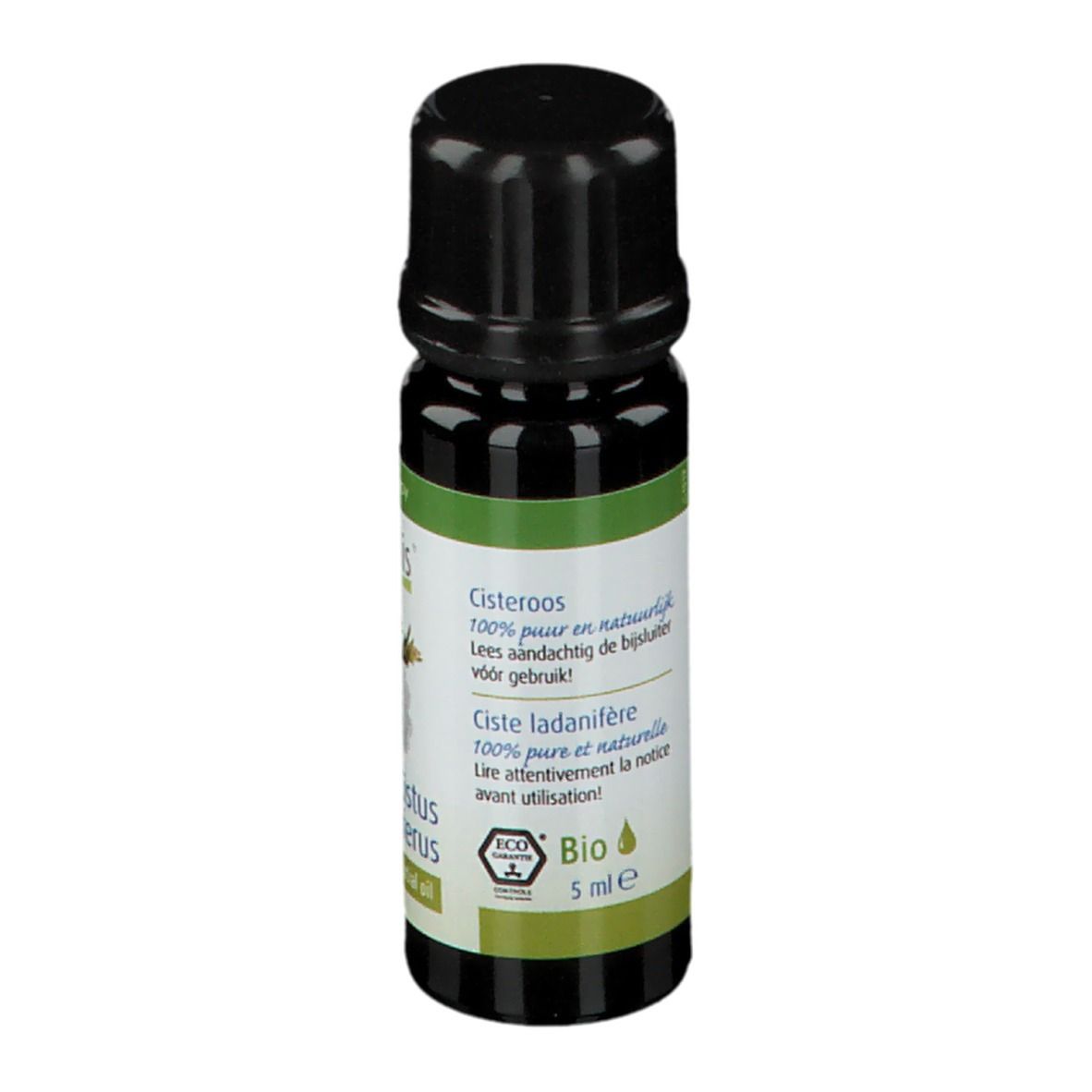 Braune Glasflasche mit schwarzem Deckel. Rückseite mit Text in mehreren Sprachen und Bio-Siegel.