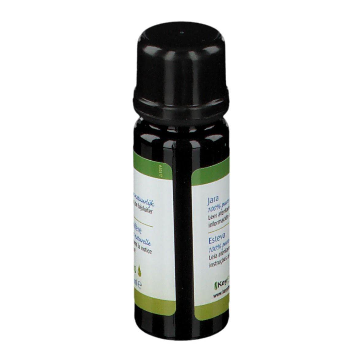 Braune Glasflasche mit schwarzem Deckel. Rückseite mit Text in mehreren Sprachen und Bio-Siegel.