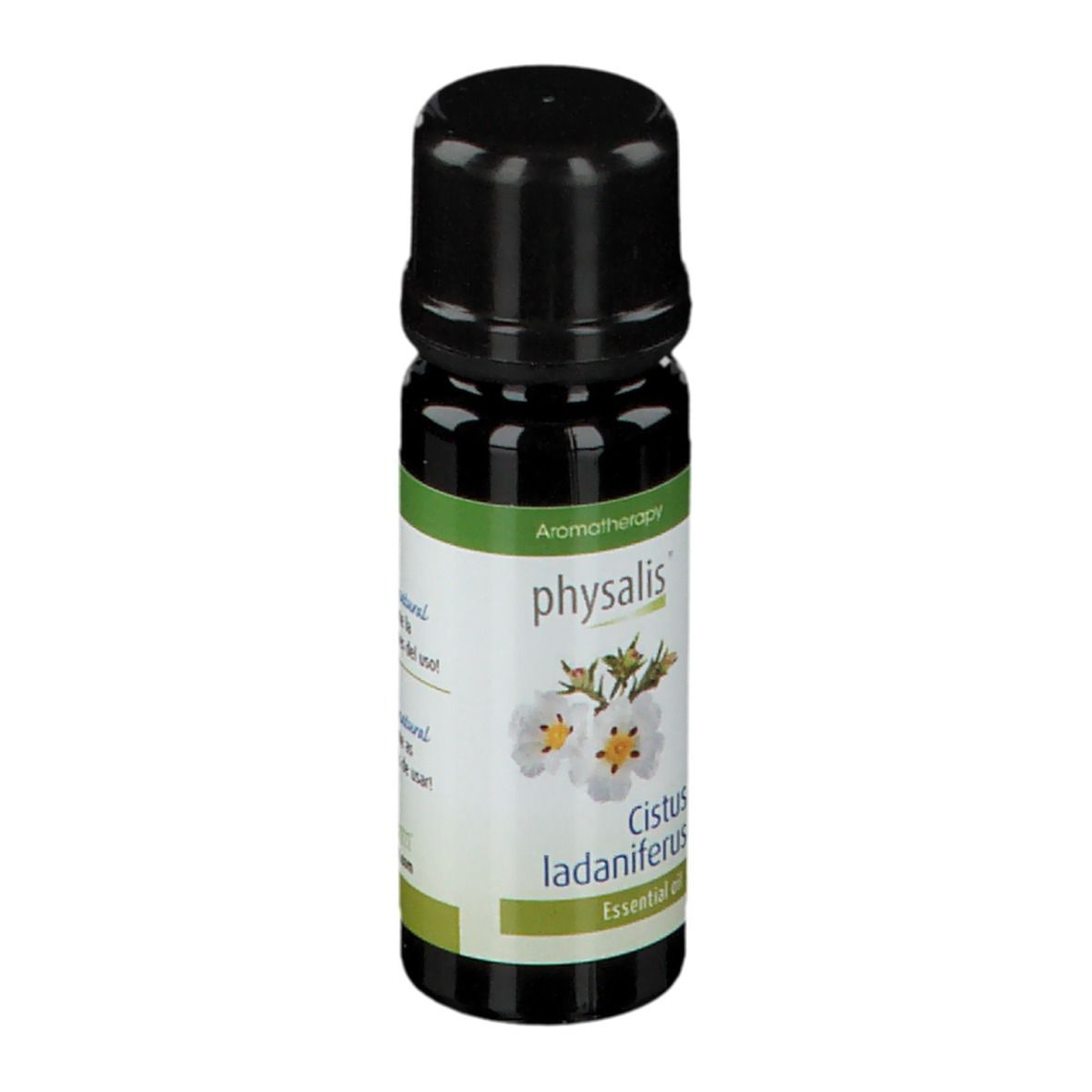 Kleine, braune Glasflasche mit schwarzem Deckel. Etikett mit Produktnamen und floraler Illustration.