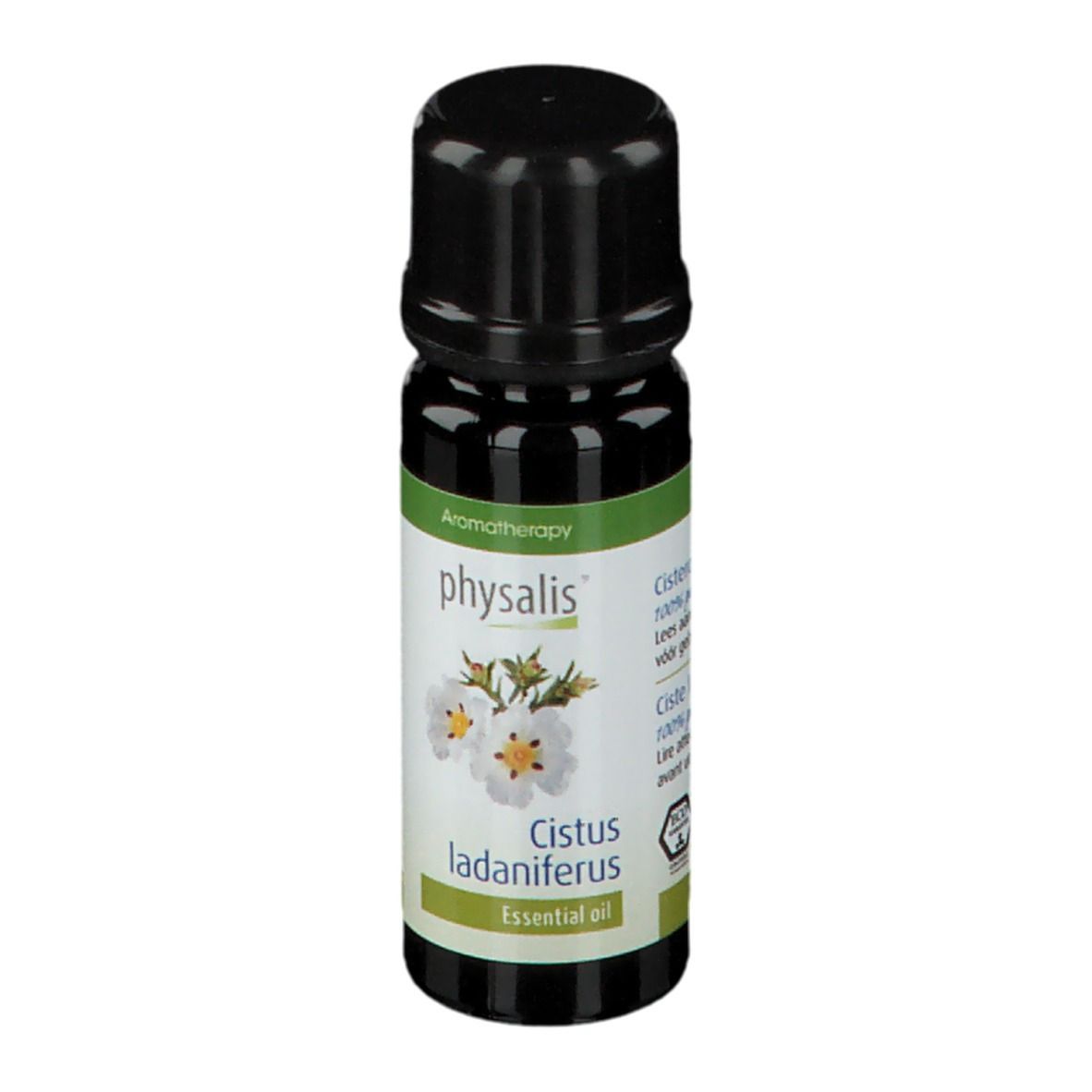 Kleine, braune Glasflasche mit schwarzem Deckel. Etikett mit Produktnamen und floraler Illustration.