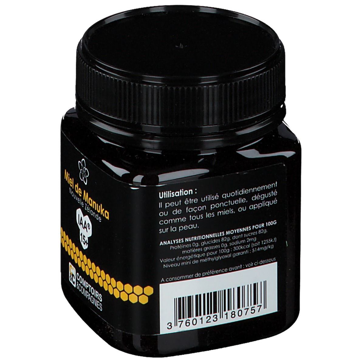Schwarzes Honigglas. Aufschrift: Miel de Manuka Nouvelle Zélande IAA 15+. Logo Comptoirs & Compagnies. Etikett mit Nährwertangaben und Text.