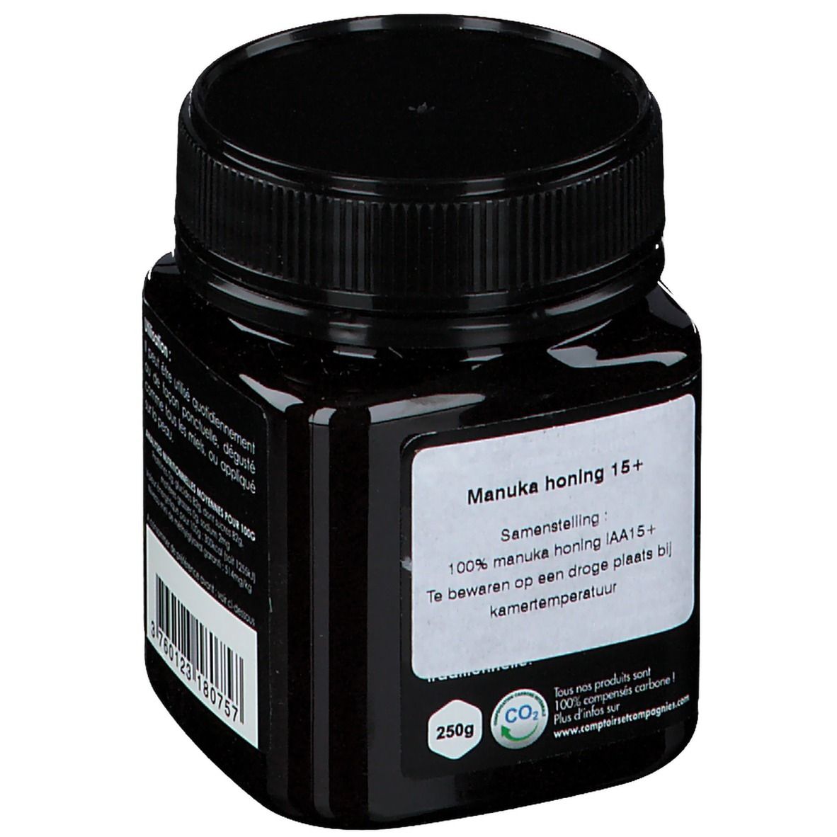 Schwarzes Honigglas mit Etikett. Aufschrift: Manuka honing 15+. Rückseite mit Informationen und CO2-Logo.