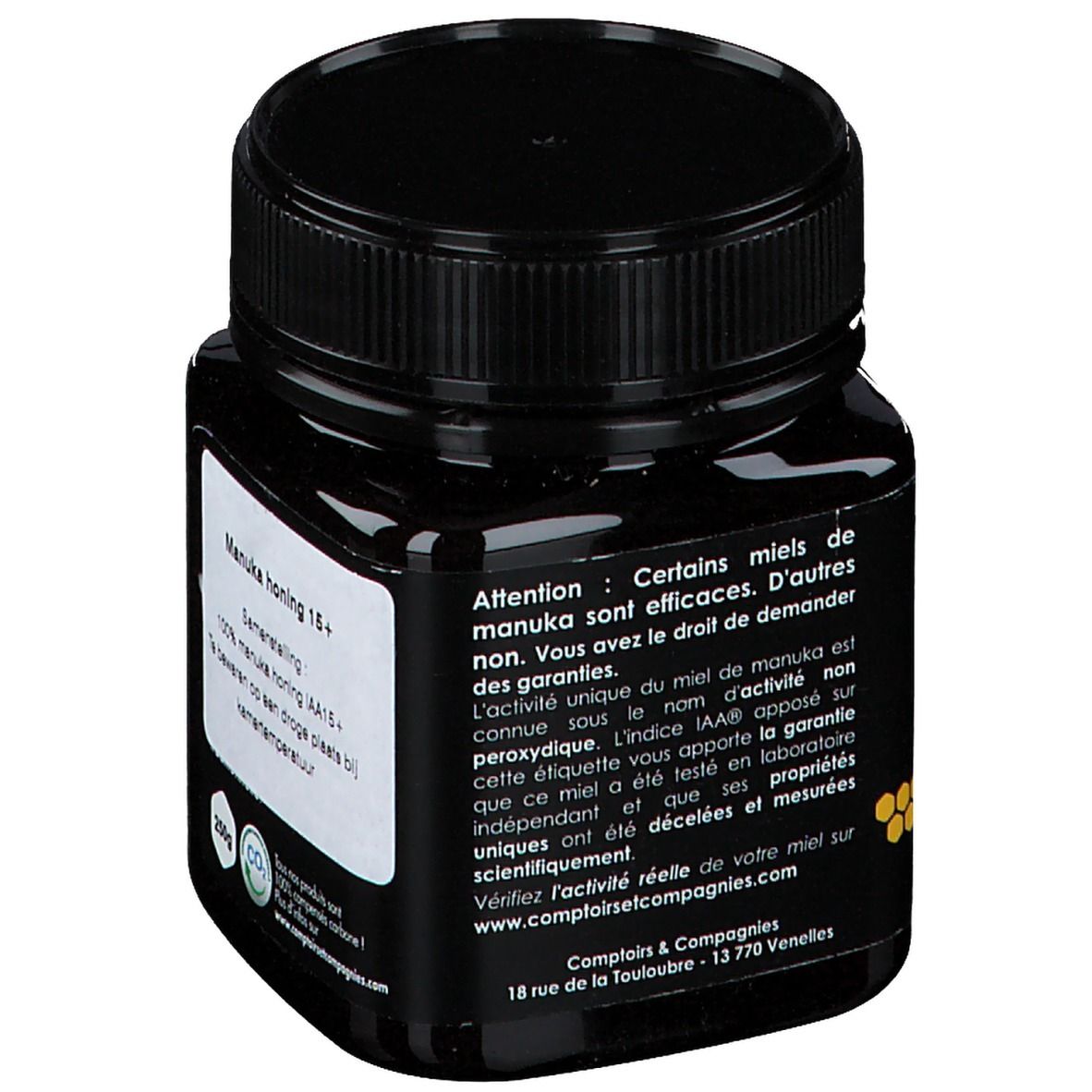 Schwarzes Honigglas. Aufschrift: Manuka Honig 15+. Text über die Qualität. Logo Comptoirs & Compagnies. Schwarzer Deckel.