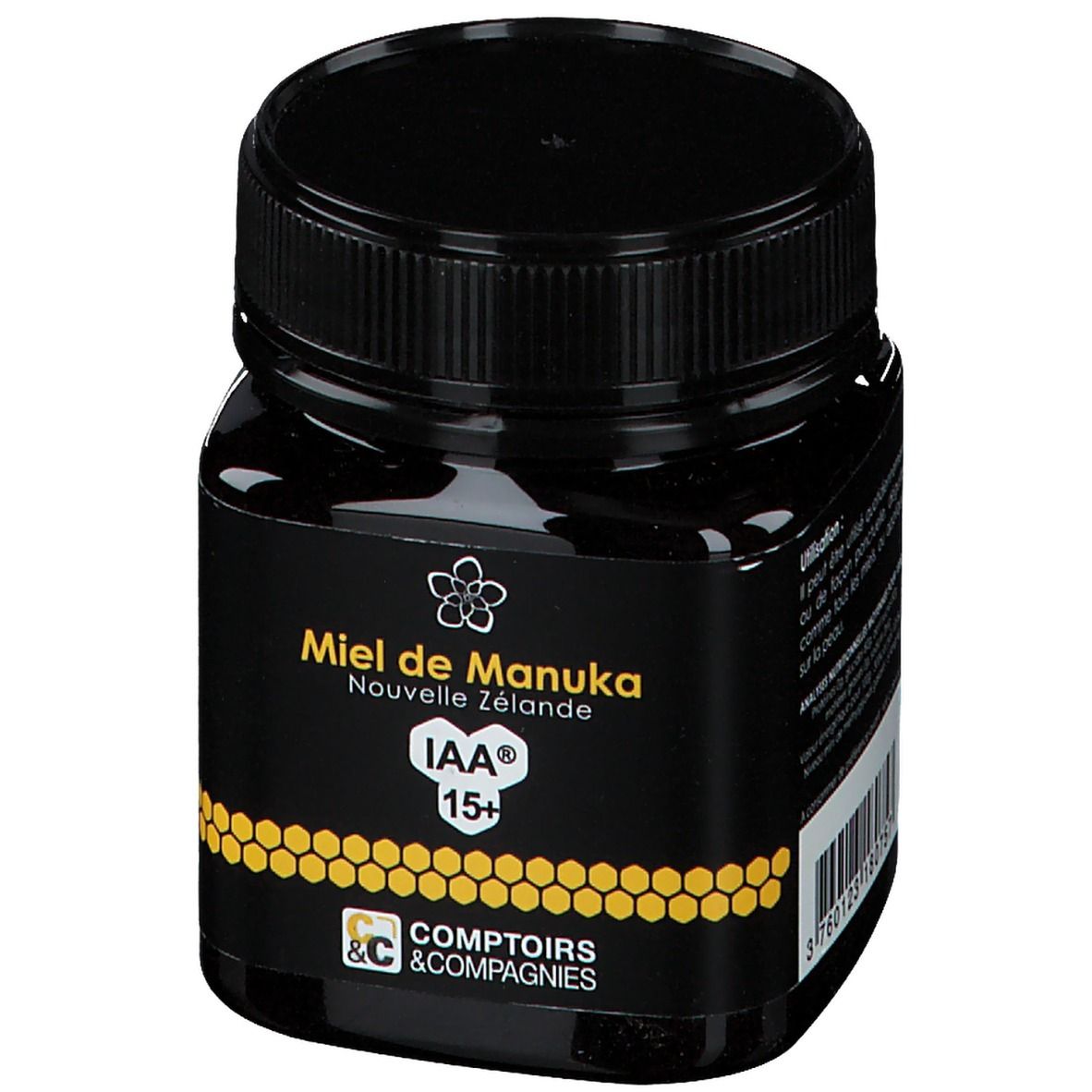 Schwarzes Honigglas. Aufschrift: Miel de Manuka Nouvelle Zélande IAA 15+. Logo Comptoirs & Compagnies. Schwarzer Deckel. Etikett.