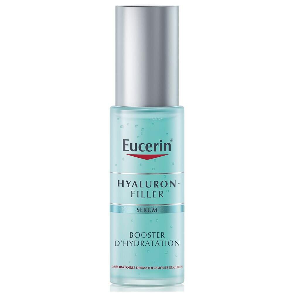 Eucerin Hyaluron-Filler Serum-Fläschchen. Blaues Serum in einer Glasflasche mit silbernem Deckel. Text: Hyaluron-Filler, Booster D'Hydratation.