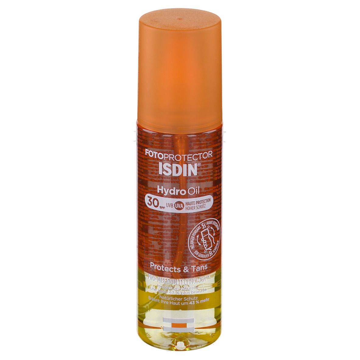 FOTOPROTECTOR ISDIN HydroOil LSF 30. Flasche mit orangefarbenem Deckel. Klare Flüssigkeit sichtbar.