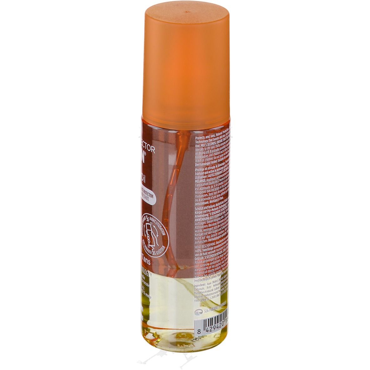 Rückseite der FOTOPROTECTOR ISDIN HydroOil LSF 30 Flasche. Text in mehreren Sprachen.