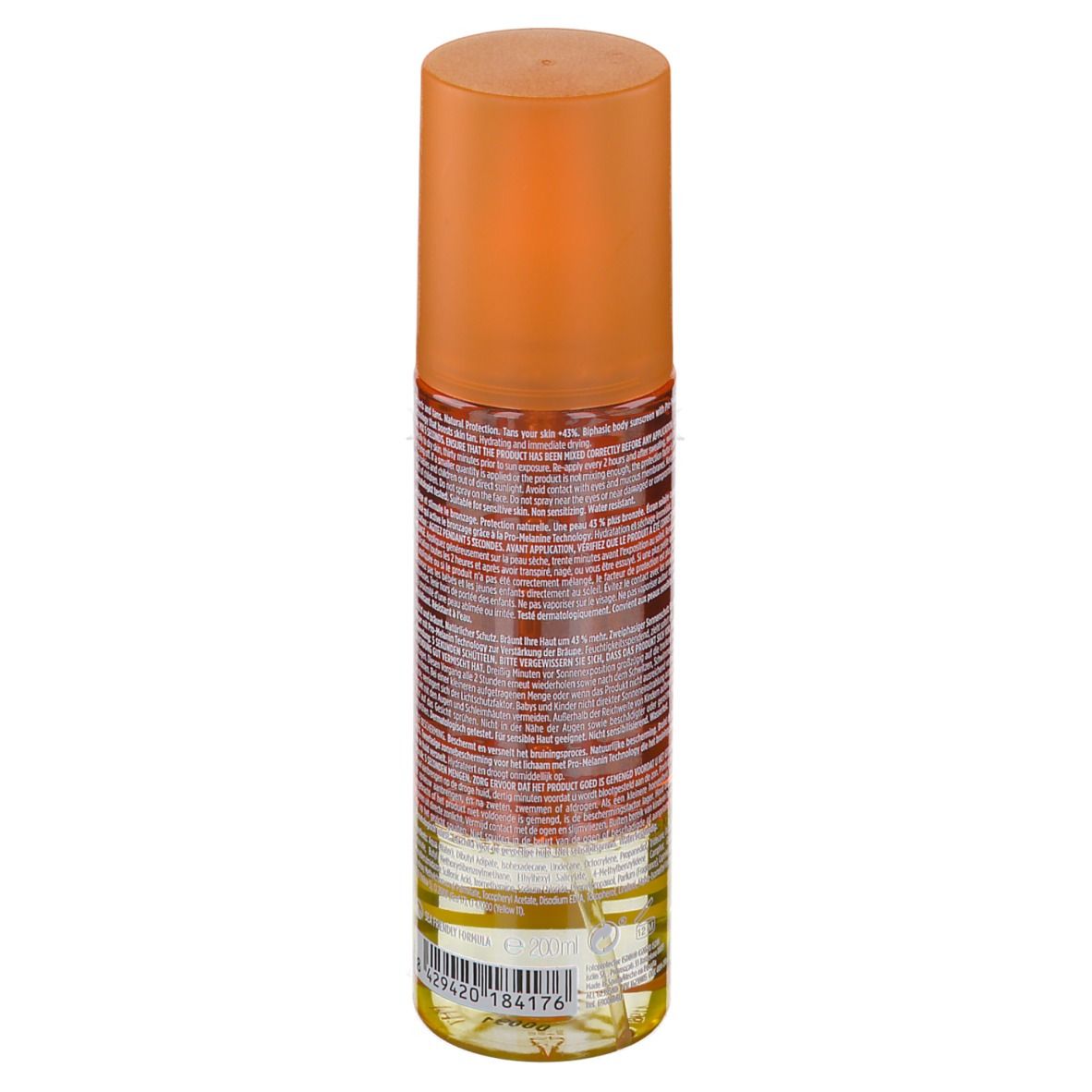 Rückseite der FOTOPROTECTOR ISDIN HydroOil LSF 30 Flasche. Text in mehreren Sprachen.