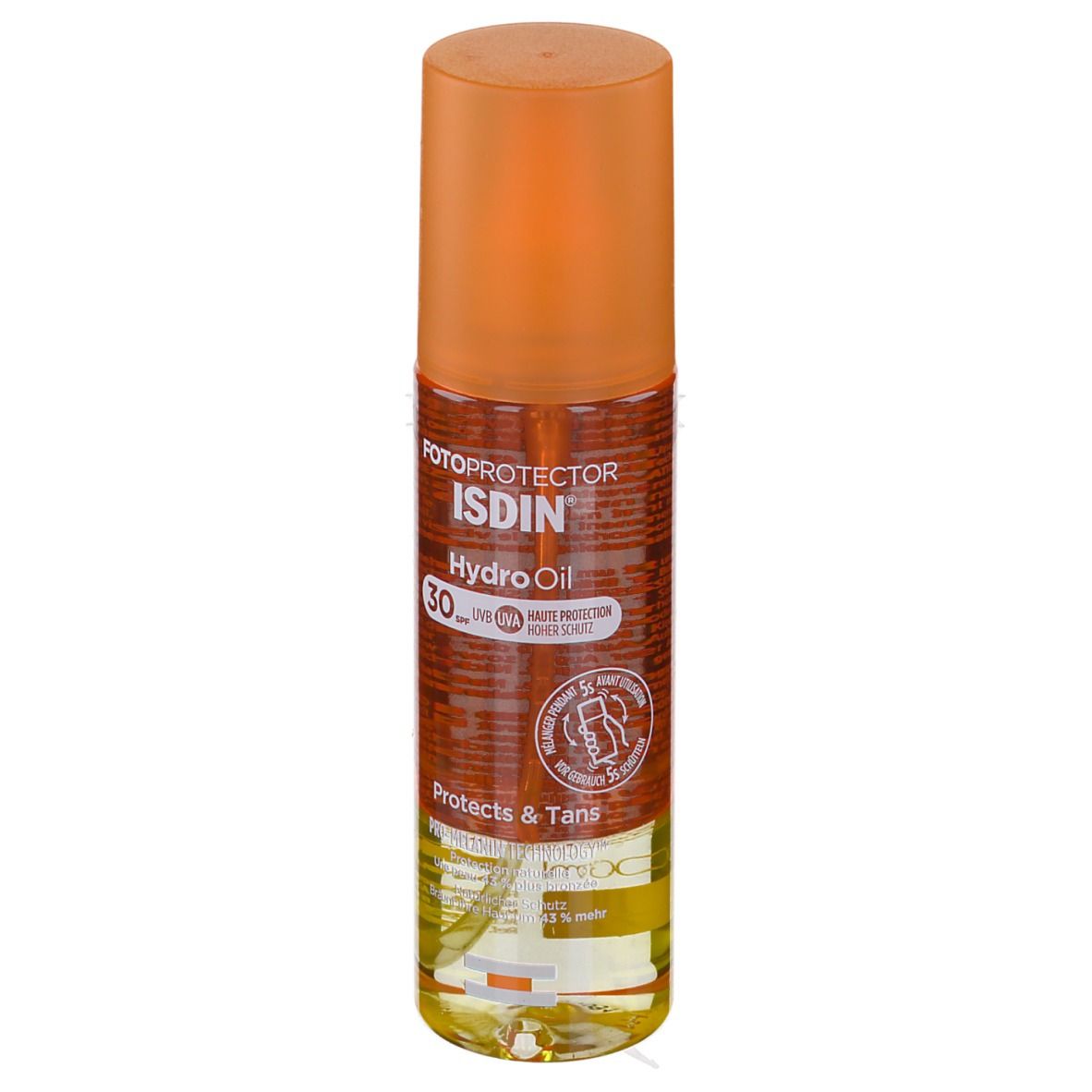 FOTOPROTECTOR ISDIN HydroOil LSF 30. Flasche mit orangefarbenem Deckel. Produktetikett sichtbar.