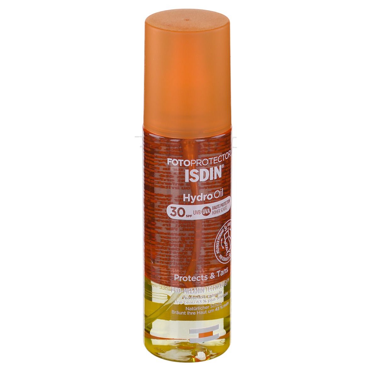 FOTOPROTECTOR ISDIN HydroOil LSF 30. Flasche mit orangefarbenem Deckel. Produktetikett sichtbar.